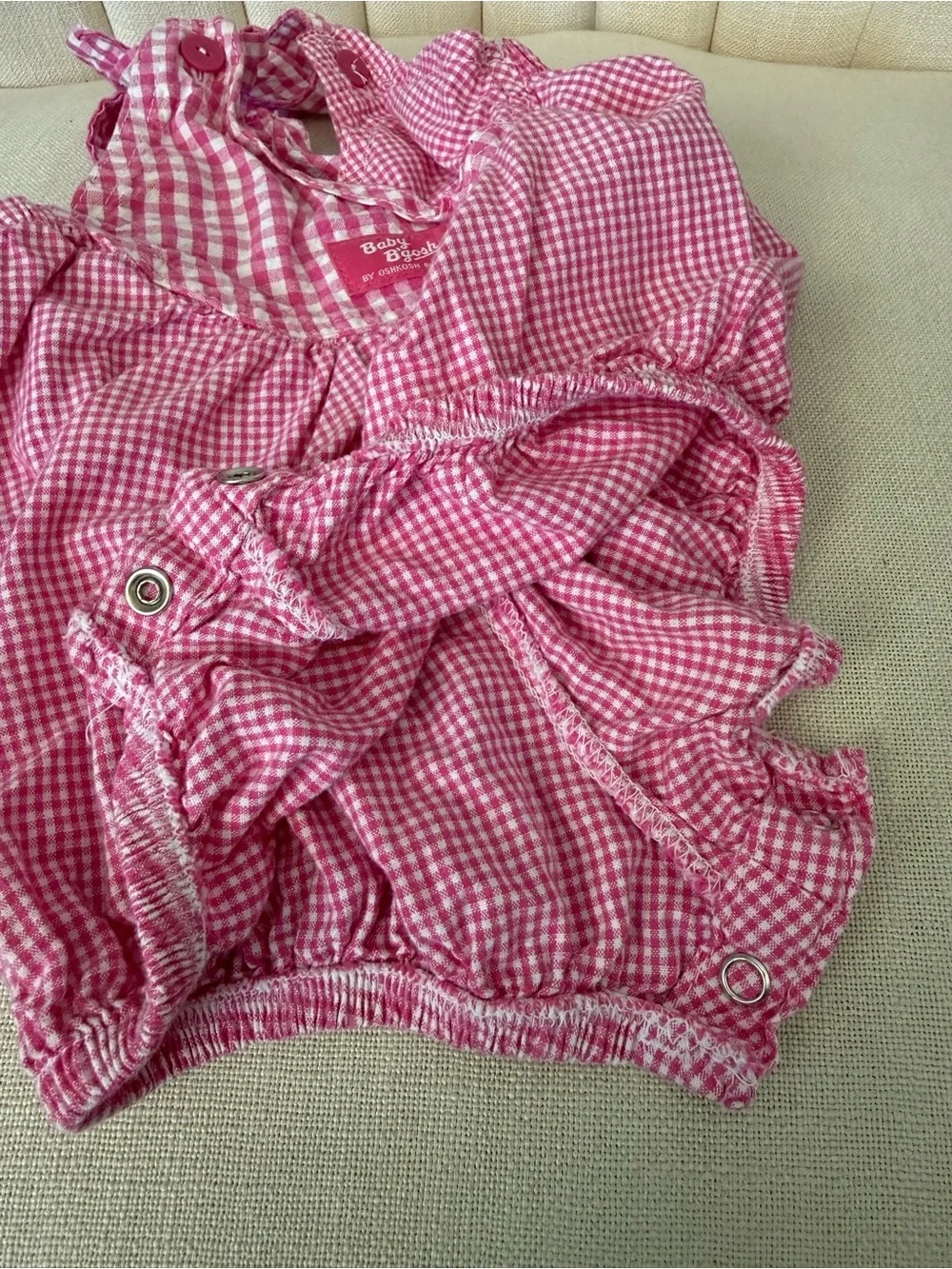 18mos vintage OshKosh Baby B'gosh VESTBAK gingham PINK romper overalls COTTON